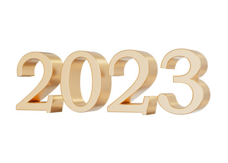 Golden numbers 2023 isolated on white background. Happy New Year 2023. Party, Merry Christmas, New...