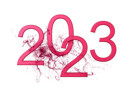 Magenta numbers 2023 with glitter particles isolated on white background. Happy New Year. Shiny...