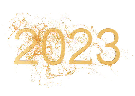 Golden numbers 2023 with glitter particles isolated on white background. Happy New Year. Shiny...