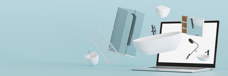 Laptop with flying bathroom details and sanitary wares. Shopping online. Furnishings sale or...