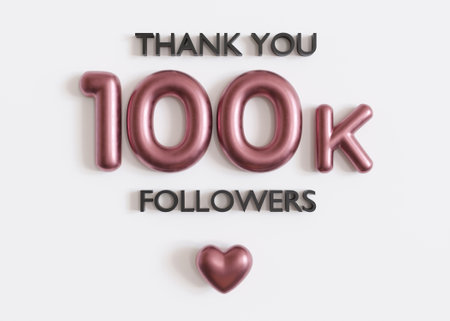 Thank you 100000 followers card with heart on white background. Horizontal picture for social...