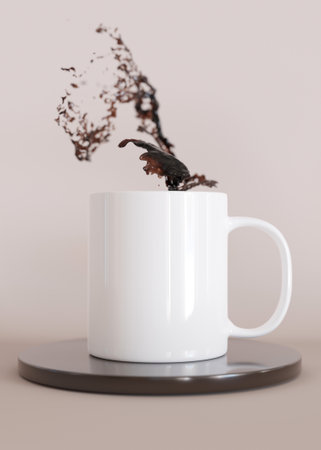 White mug mock up with coffee splash. Blank vertical template for your design, advertising, logo. Close-up. Copy space. Cup presentation on beige background. Minimalist coffee cup mockup. 3D render.の写真素材
