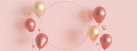 Pink background with golden hearts, balloons and copy space. Valentines Day, Mothers Day, Wedding backdrop. Empty space for advertising text, invitation, logo. Banner. 3D render.の写真素材