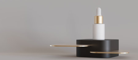 Blank, unbranded cosmetic serum bottle standing on black podium with golden details. Skin care product presentation. Mock up. Dropper bottle, hyaluronic acid, oil, serum with copy space. 3D rendering.の写真素材