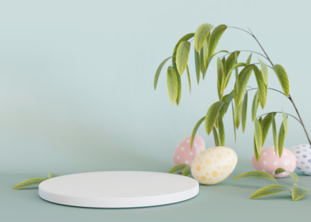 Podium with Easter eggs, leaves and copy space. Modern stage for product, cosmetic presentation....