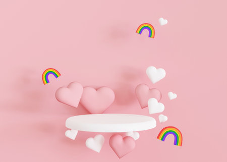 Podium with hearts and rainbows flying in the air. Valentines Day. Podium for product, cosmetic presentation. Mock up. Pedestal or platform for beauty products. LGBT, love, diversity. 3D render.の写真素材