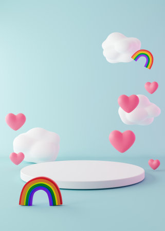 Podium with hearts, clouds, rainbows flying in the air. Valentines Day. Podium for product, cosmetic presentation. Mock up. Pedestal, platform for beauty products. LGBT, love, diversity. 3D render.の写真素材