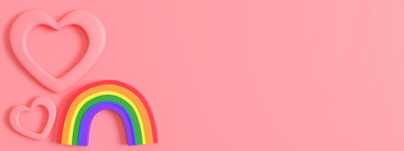 Pink background with hearts, rainbow with lgbt colors and copy space. Valentines Day, Wedding...