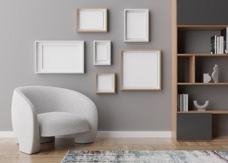 Various empty picture frames on gray wall in modern room. Mock up interior in contemporary style....