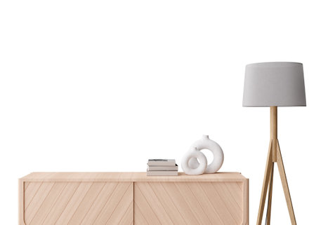 Wallpaper presentation mock up. Sideboard with home accessories isolated on white background. Copy...