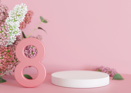 White podium with flowers on pink background. Womans Day. Platform, stage for beauty, cosmetic...