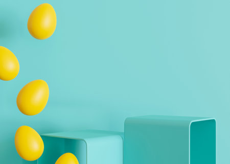 Two blue podiums with yellow Easter eggs and copy space. Vibrant stage for product, cosmetic...