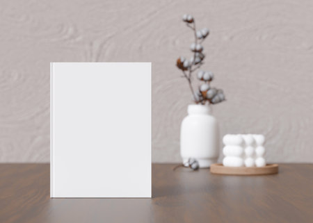 White book cover mock up with vase and candle on sideboard. Blank template for your design. Front view, close-up. Book, catalogue cover presentation. 3D rendering.の写真素材