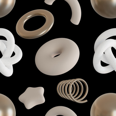 Seamless pattern with abstract beige, white and metallic 3D shapes on black background. Modern design for print, textile, wrapping paper. Trendy and futuristic elements. 3d render.の写真素材