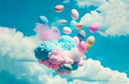Flying Easter eggs and clouds. Postcard, greeting card design. Pascha, Happy Easter Day. Beautiful pastel colors, blue and pink. Generative AIの素材