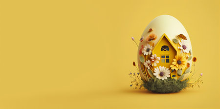 Yellow banner with Easter egg, flowers, painted small house and copy space. Easter backdrop. Empty space for text, advertising. Postcard, greeting card design. Pascha, Happy Easter Day. Generative AIの素材