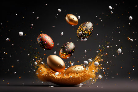 Flying Easter eggs and particles. Postcard, greeting card design. Pascha, Happy Easter Day. Beautiful colors, golden details. explosion, levitation. Generative AIの素材