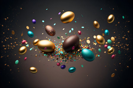 Flying Easter eggs and particles. Postcard, greeting card design. Pascha, Happy Easter Day. Beautiful colors, golden details. explosion, levitation. Generative AIの素材