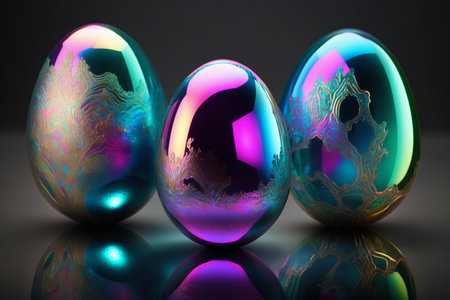 Holographic Easter eggs. Vibrant, iridescent colors. Happy Easter Day. Trendy design. Generative AIの素材