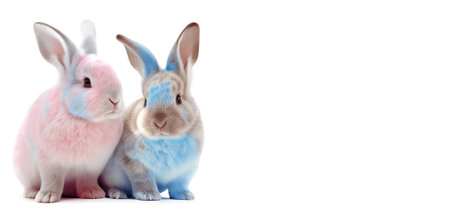 Two Easter rabbits isolated on white background. Pink and blue bunnies. Copyspace. Easter backdrop. Empty space for text. Postcard, greeting card design. Pascha, Happy Easter Day. Generative AIの素材