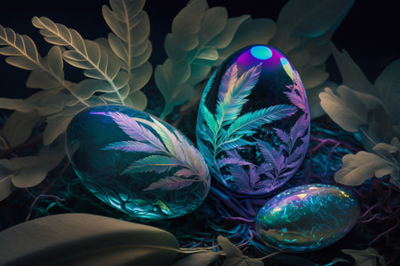 Holographic Easter eggs and plants. Vibrant, iridescent colors. Happy Easter Day. Trendy design. Generative AIの素材