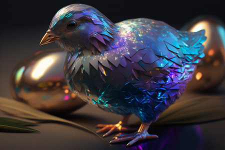 Holographic Easter chicken and eggs. Vibrant, iridescent colors. Happy Easter Day. Trendy design. Generative AIの素材