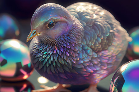 Holographic Easter chicken and eggs. Vibrant, iridescent colors. Happy Easter Day. Trendy design. Generative AIの素材