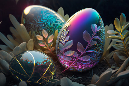 Holographic Easter eggs and plants. Vibrant, iridescent colors. Happy Easter Day. Trendy design. Generative AIの素材