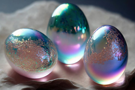 Holographic Easter eggs. Vibrant, iridescent colors. Happy Easter Day. Trendy design. Generative AIの素材