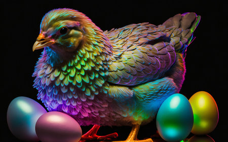 Holographic Easter chicken and eggs. Vibrant, iridescent colors. Happy Easter Day. Trendy design. Generative AIの素材