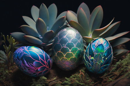 Holographic Easter eggs and plants. Vibrant, iridescent colors. Happy Easter Day. Trendy design. Generative AIの素材