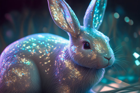 Holographic Easter rabbit with glitter. Iridescent bunny. Happy Easter Day. Trendy design. Generative AIの素材