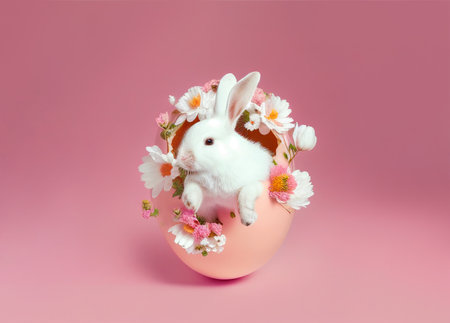Easter rabbit sitting inside egg and flowers on pink background. Postcard, greeting card design. Pascha, Happy Easter Day. Generative AIの素材