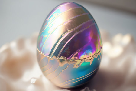 Holographic Easter egg. Vibrant, iridescent colors. Happy Easter Day. Trendy design. Generative AIの素材