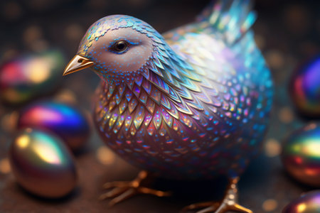 Holographic Easter chicken and eggs. Vibrant, iridescent colors. Happy Easter Day. Trendy design. Generative AIの素材
