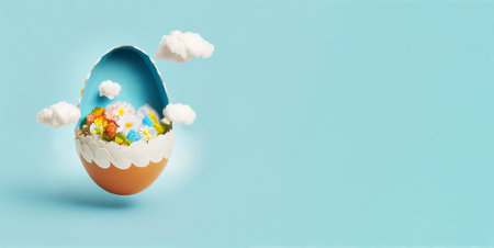 Blue banner with Easter egg, flowers, clouds and copy space. Easter backdrop. Empty space for text, advertising. Postcard, greeting card design. Pascha, Happy Easter Day. Generative AIの素材
