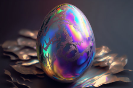 Holographic Easter egg. Vibrant, iridescent colors. Happy Easter Day. Trendy design. Generative AIの素材