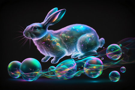 Holographic Easter rabbit with glitter. Iridescent bunny. Happy Easter Day. Trendy design. Generative AIの素材