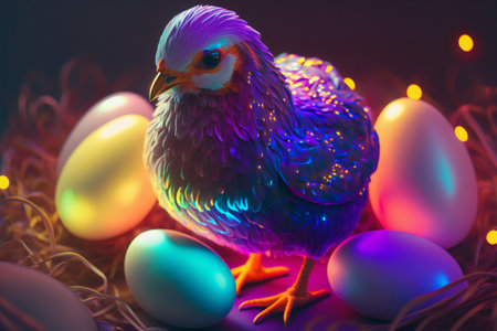 Holographic Easter chicken and eggs. Vibrant, iridescent colors. Happy Easter Day. Trendy design. Generative AIの素材