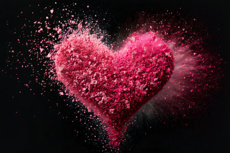 Pink heart with small colorful particles. Valentine's Day, love. Color explosion. Postcard, greeting card design. Generative AIの素材