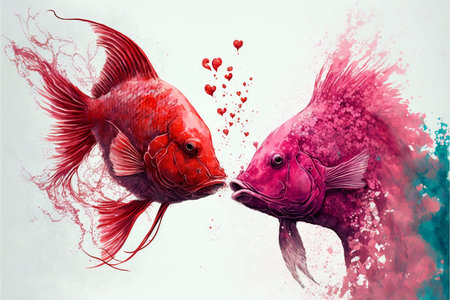 Two fish are kissing. Beautiful watercolor effect. Valentine's Day, love. Couple, relationship. Postcard, greeting card design. Generative AIの素材