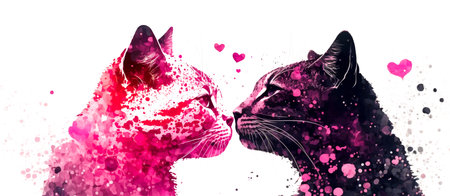 Two cats and flying hearts. Watercolor effect. Valentine's Day, love. Couple, relationship. Postcard, greeting card design. Generative AIの素材