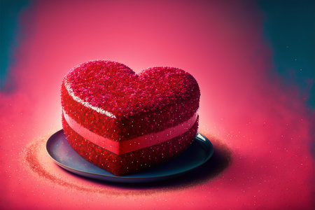 Cake in heart shape, dessert with glitter. Valentine's Day, love. Postcard, greeting card design. Pink and red colors. Generative AIの素材