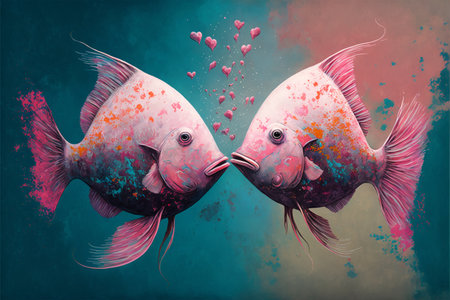 Two fish are kissing. Valentine's Day, love. Couple, relationship. Postcard, greeting card design. Generative AIの素材