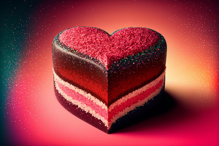 Cake in heart shape, dessert with glitter. Valentine's Day, love. Postcard, greeting card design. Pink and red colors. Generative AIの素材
