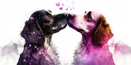 Two dogs are kissing. Watercolor effect. Valentine's Day, love. Couple, relationship. Postcard, greeting card design. Generative AIの素材