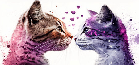 Two cats and flying hearts. Watercolor effect. Valentine's Day, love. Couple, relationship. Postcard, greeting card design. Generative AIの素材