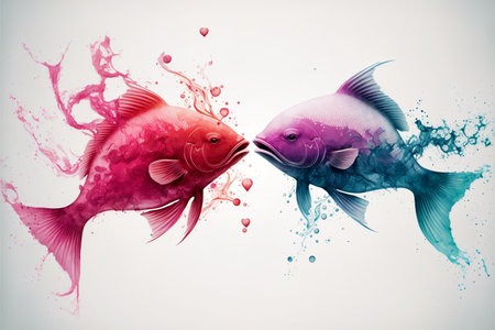Two fish are kissing. Beautiful watercolor effect. Valentine's Day, love. Couple, relationship. Postcard, greeting card design. Generative AIの素材