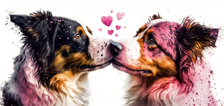 Two dogs are kissing. Watercolor effect. Valentine's Day, love. Couple, relationship. Postcard, greeting card design. Generative AIの素材