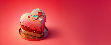 Cake in heart shape, dessert with glitter. Valentine's Day, love. Banner with copy space for text, advertising. Postcard, greeting card design. Red color. Generative AIの素材